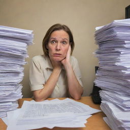 A person with an anxious expression, wrinkled forehead, pursed lips, and sweaty skin, sitting at a cluttered desk with piles of paperwork and a computer