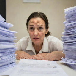 A person with an anxious expression, wrinkled forehead, pursed lips, and sweaty skin, sitting at a cluttered desk with piles of paperwork and a computer