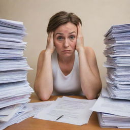 A person with an anxious expression, wrinkled forehead, pursed lips, and sweaty skin, sitting at a cluttered desk with piles of paperwork and a computer