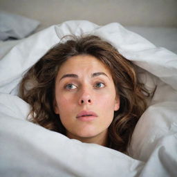 A stressed individual in bed with tired eyes, tangled hair, and sweat on their forehead, lying awake amidst a mess of tangled bed sheets, staring at the ceiling