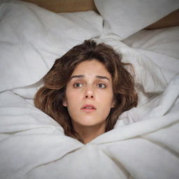 A stressed individual in bed with tired eyes, tangled hair, and sweat on their forehead, lying awake amidst a mess of tangled bed sheets, staring at the ceiling