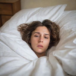 A stressed individual in bed with tired eyes, tangled hair, and sweat on their forehead, lying awake amidst a mess of tangled bed sheets, staring at the ceiling