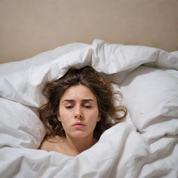 A stressed individual in bed with tired eyes, tangled hair, and sweat on their forehead, lying awake amidst a mess of tangled bed sheets, staring at the ceiling