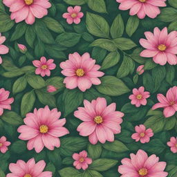 A vibrant, detailed pattern featuring pink flowers intertwined with lush green leaves.