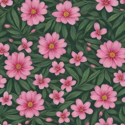 A vibrant, detailed pattern featuring pink flowers intertwined with lush green leaves.