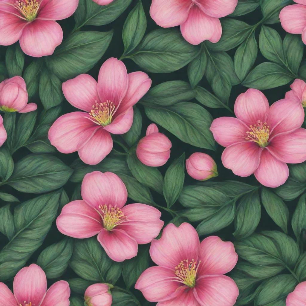 A vibrant, detailed pattern featuring pink flowers intertwined with lush green leaves.