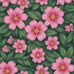 A vibrant, detailed pattern featuring pink flowers intertwined with lush green leaves.