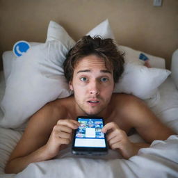 A stressed person in disarray, lying in a messy bed, holding a brightly lit phone displaying social media. Their face is illuminated by the screen, expressing anxious anticipation