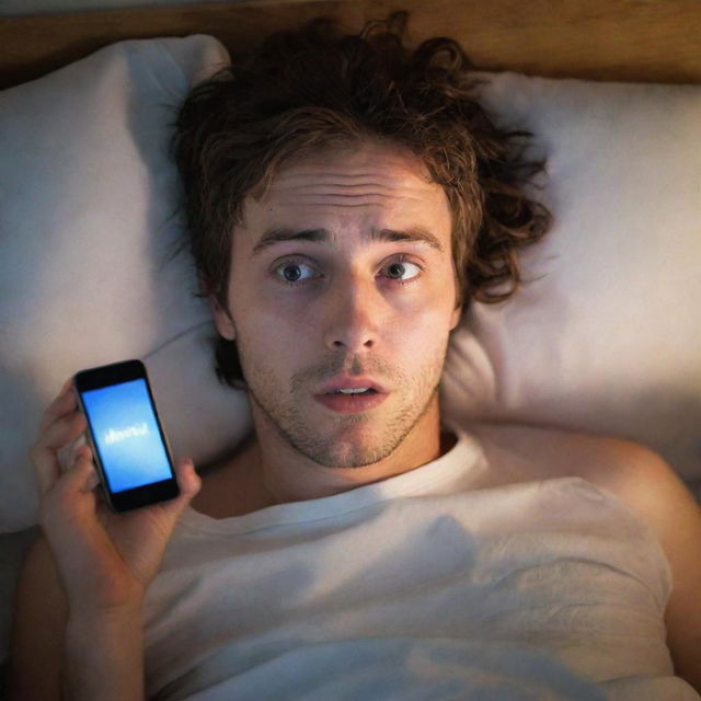 A stressed person in disarray, lying in a messy bed, holding a brightly lit phone displaying social media. Their face is illuminated by the screen, expressing anxious anticipation