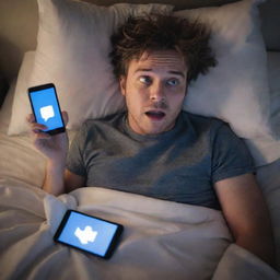 A stressed person in disarray, lying in a messy bed, holding a brightly lit phone displaying social media. Their face is illuminated by the screen, expressing anxious anticipation