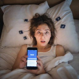 A stressed person in disarray, lying in a messy bed, holding a brightly lit phone displaying social media. Their face is illuminated by the screen, expressing anxious anticipation