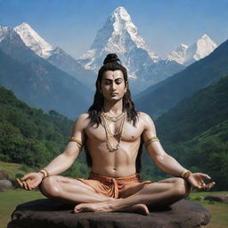 Lord Mahadev, depicted in a serene state of deep meditation. Sitting in a serene landscape, his calm expression reflects utter tranquility.