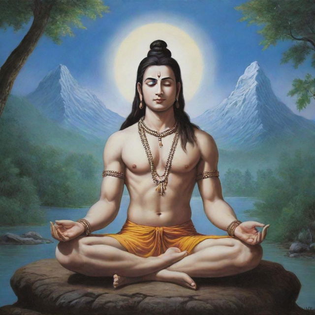 Lord Mahadev, depicted in a serene state of deep meditation. Sitting in a serene landscape, his calm expression reflects utter tranquility.