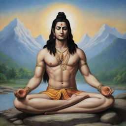 Lord Mahadev, depicted in a serene state of deep meditation. Sitting in a serene landscape, his calm expression reflects utter tranquility.