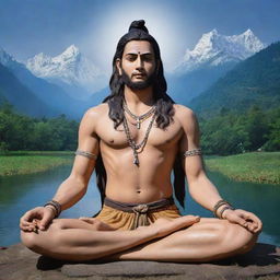 Lord Mahadev, depicted in a serene state of deep meditation. Sitting in a serene landscape, his calm expression reflects utter tranquility.