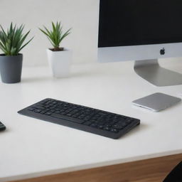 A sleek and modern computer alongside an iPhone, both resting on a clean, well-lit desk surface.