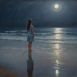 A melancholic painting of a girl standing on the seashore under a moonlit sky, her reflection rippling in the water.