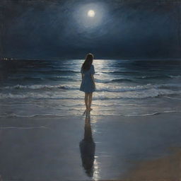 A melancholic painting of a girl standing on the seashore under a moonlit sky, her reflection rippling in the water.