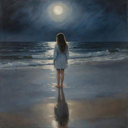 A melancholic painting of a girl standing on the seashore under a moonlit sky, her reflection rippling in the water.