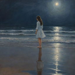 A melancholic painting of a girl standing on the seashore under a moonlit sky, her reflection rippling in the water.