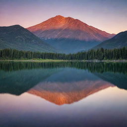 A serene lake reflecting the multicolored hues of a sunset sky, with tall mountains in the distance.