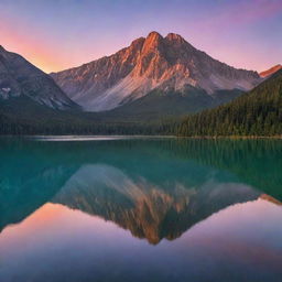 A serene lake reflecting the multicolored hues of a sunset sky, with tall mountains in the distance.