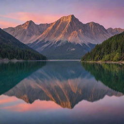 A serene lake reflecting the multicolored hues of a sunset sky, with tall mountains in the distance.