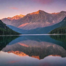 A serene lake reflecting the multicolored hues of a sunset sky, with tall mountains in the distance.