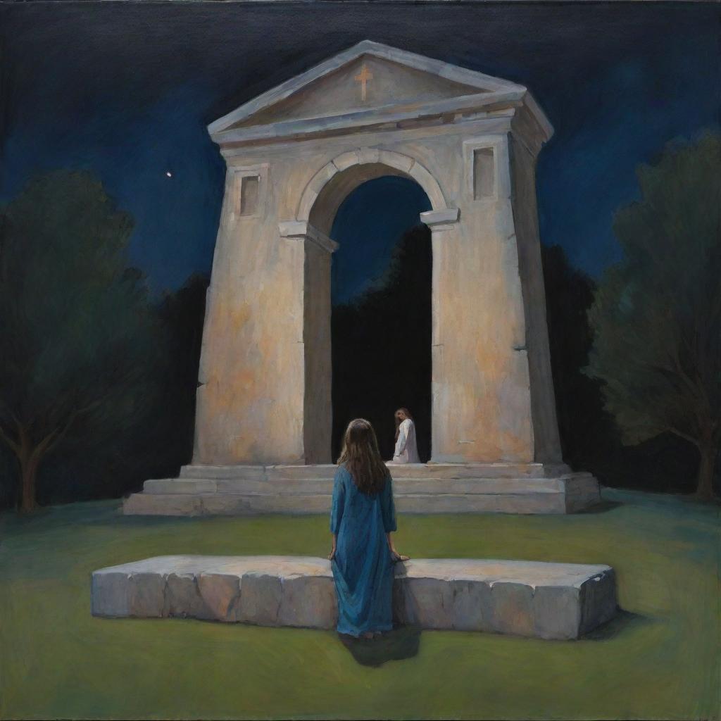 An emotional painting capturing a somber girl in a nighttime park setting with Jesus, stationed by a large stone structure.