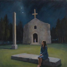 An emotional painting capturing a somber girl in a nighttime park setting with Jesus, stationed by a large stone structure.