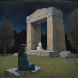 An emotional painting capturing a somber girl in a nighttime park setting with Jesus, stationed by a large stone structure.