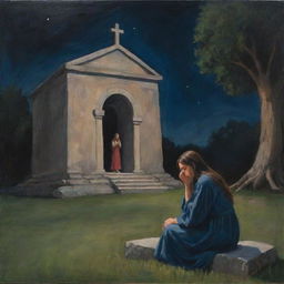 An emotional painting capturing a somber girl in a nighttime park setting with Jesus, stationed by a large stone structure.