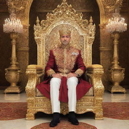 A majestic king in royal attire, seated on an ornate throne in a grand palace throne room filled with regal luxury and splendor.