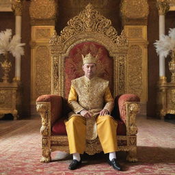 A majestic king in royal attire, seated on an ornate throne in a grand palace throne room filled with regal luxury and splendor.