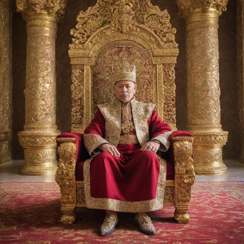 A majestic king in royal attire, seated on an ornate throne in a grand palace throne room filled with regal luxury and splendor.