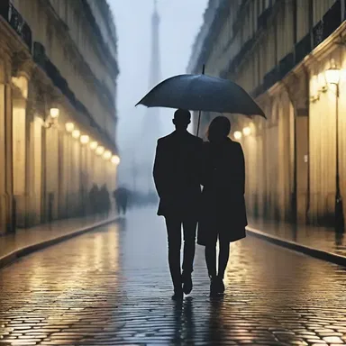 Despite the rain, the couple enjoyed a romantic stroll along the dreary, misty streets of Paris, finding beauty in the gloom.
