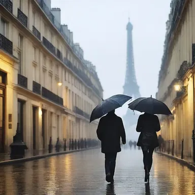 Despite the rain, the couple enjoyed a romantic stroll along the dreary, misty streets of Paris, finding beauty in the gloom.