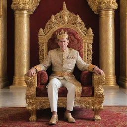 A majestic king in royal attire, seated on an ornate throne in a grand palace throne room filled with regal luxury and splendor.