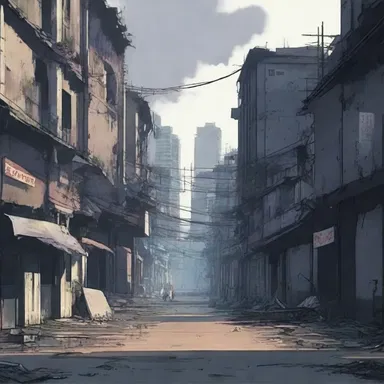 The dreary landscape of the abandoned city added to the post-apocalyptic atmosphere of the anime.