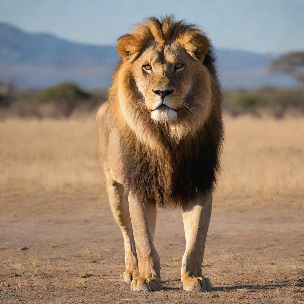 A majestic and powerful lion standing proud on a sunlit savannah