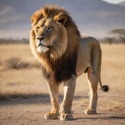 A majestic and powerful lion standing proud on a sunlit savannah