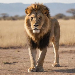 A majestic and powerful lion standing proud on a sunlit savannah