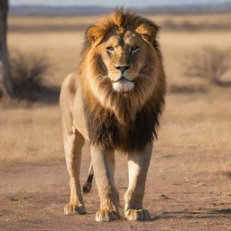 A majestic and powerful lion standing proud on a sunlit savannah