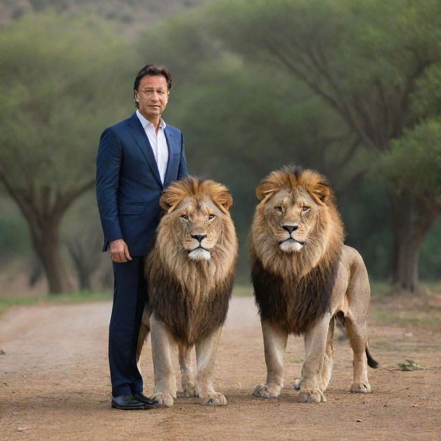 A respectful portrait of Imran Khan, the Prime Minister of Pakistan, standing confidently next to a majestic, calm lion in a safe and serene environment.