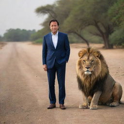 A respectful portrait of Imran Khan, the Prime Minister of Pakistan, standing confidently next to a majestic, calm lion in a safe and serene environment.