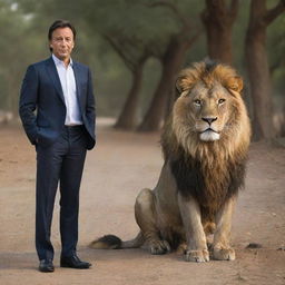 A respectful portrait of Imran Khan, the Prime Minister of Pakistan, standing confidently next to a majestic, calm lion in a safe and serene environment.