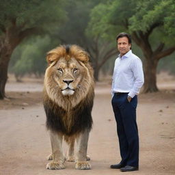 A respectful portrait of Imran Khan, the Prime Minister of Pakistan, standing confidently next to a majestic, calm lion in a safe and serene environment.