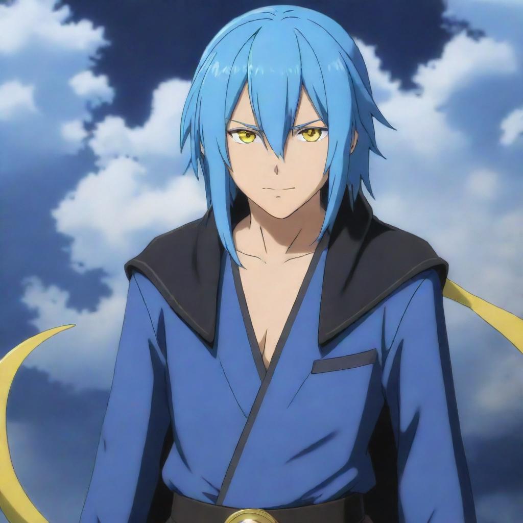 Rimuru Tempest from the anime 'That Time I Got Reincarnated as a Slime', showcasing his blue hair, gleaming yellow eyes, and striking attire.