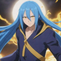 Rimuru Tempest from the anime 'That Time I Got Reincarnated as a Slime', showcasing his blue hair, gleaming yellow eyes, and striking attire.