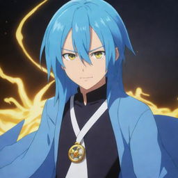 Rimuru Tempest from the anime 'That Time I Got Reincarnated as a Slime', showcasing his blue hair, gleaming yellow eyes, and striking attire.